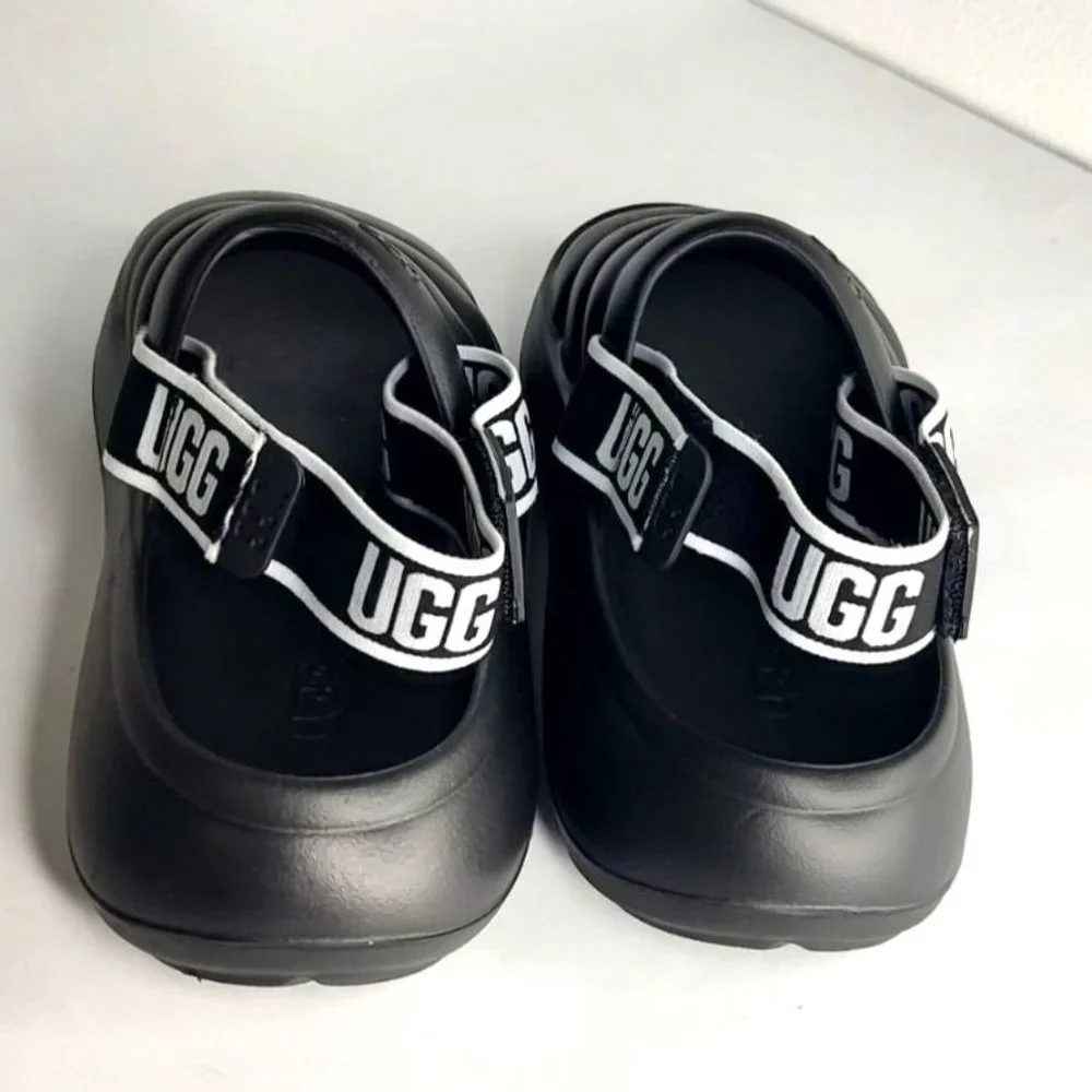UGG Sport Yeah Sandals 9 Black Slides logo Print Backstrap - Picture 6 of 11